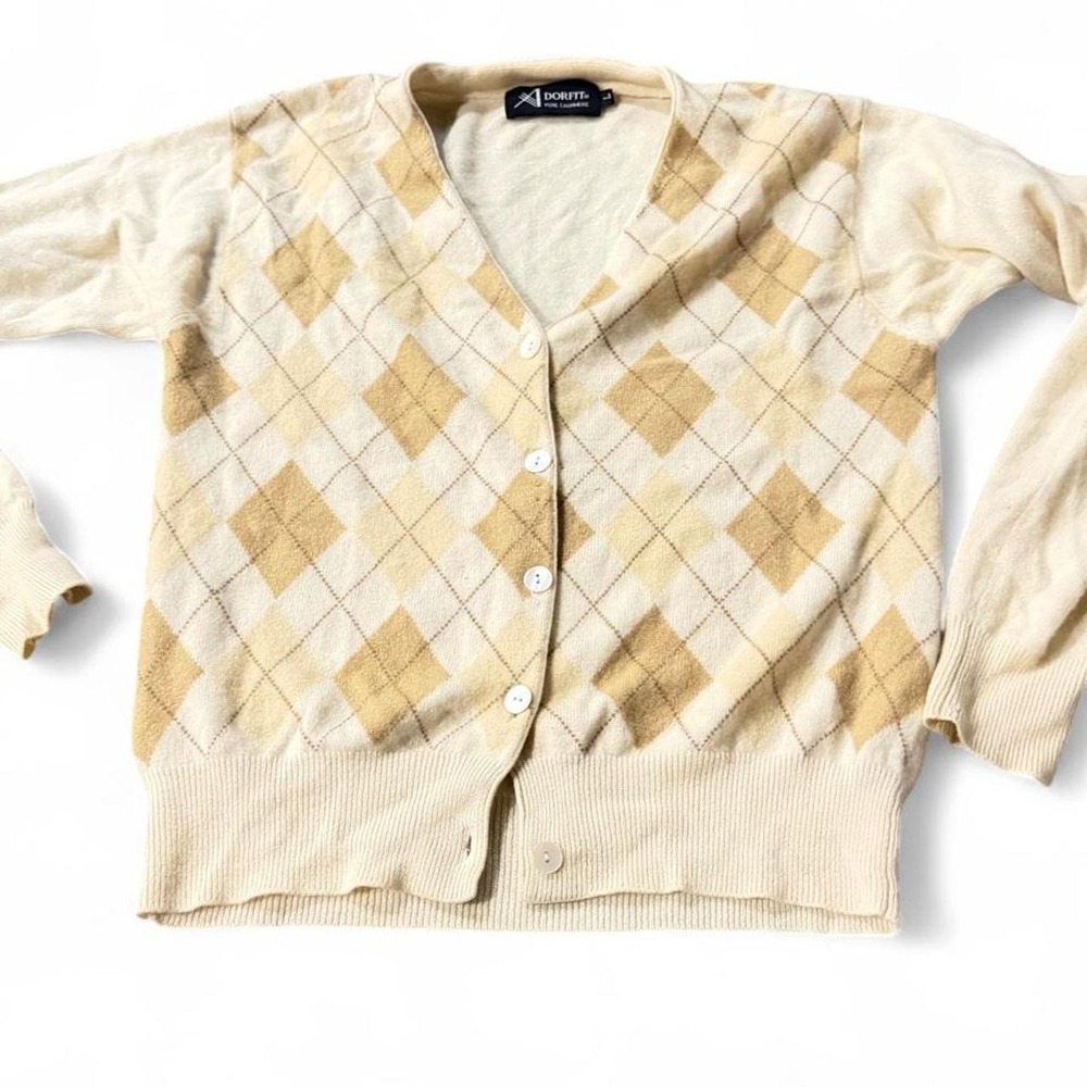 Vintage Y2K Dorfit Pure Cashmere Argyle Cardigan Cream Tan Size L